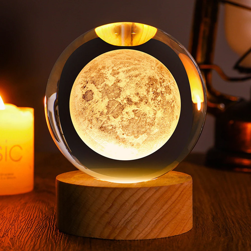 3D Moon Crystal Ball Astronomy Galaxy Solar System 16 Color Luminous Balls with Remote Control Wooden Base Home Desktop Decor