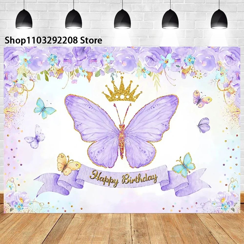 Dreamy Butterfly Theme Photography Child Birthday Party Baby Shower Purple Flowers Banner Background Decoration Photo Studio