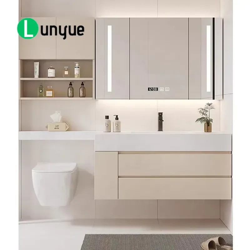 Cream Solid Surface Bathroom Vanity with Mirror Wooden Panel Wash Basin Cabinet Modern Design Storage Furniture for Home Bath