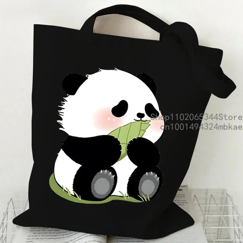 Cartoon Panda Pattern Canvas Shoulder Bag Women Portable Versatile Storage Bag Cute Animal Panda Shopping Bags Teen Girl Handbag