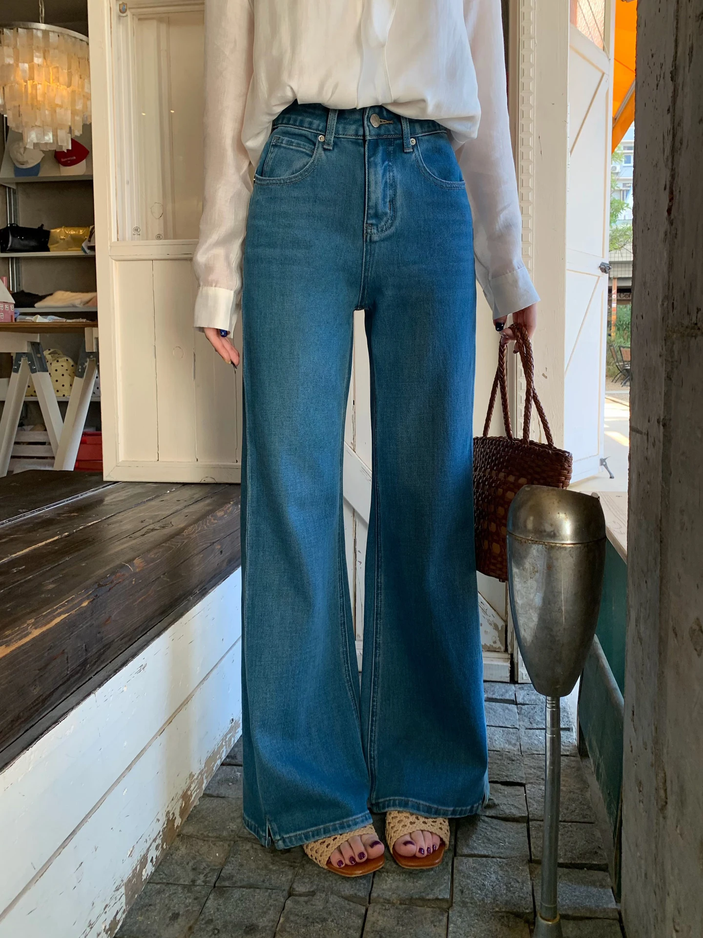 

High Waist Straight Leg Jeans Women's Spring Summer Cotton Stretch Denim Pants Four Way Stretch Moby Blue Cow Slit Design