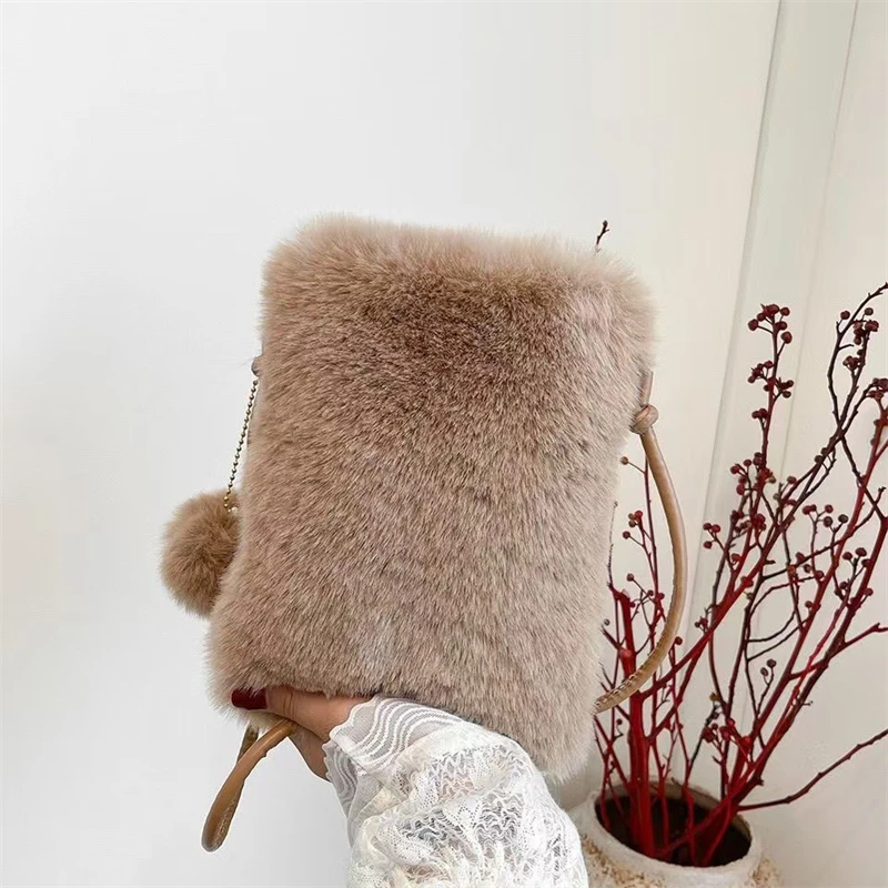 Women Plush Crossbody Bag Solid Color Mobile Phone Bag Versatile Mini Wallet Plush Shoulder Bag 2026 Autumn Winter Coin Purse