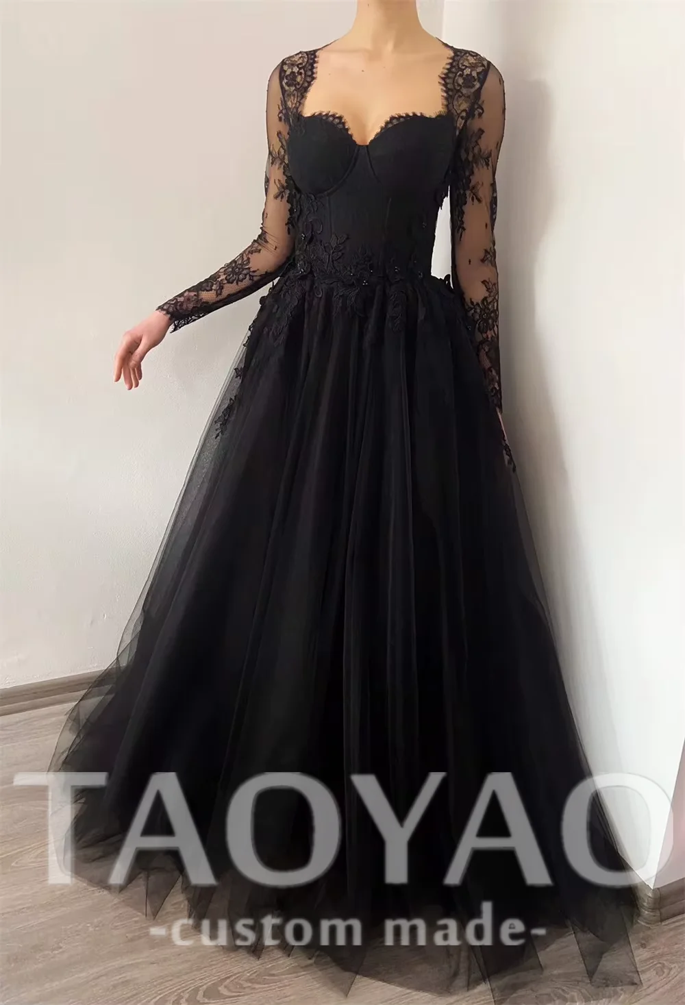

Customized Black Tulle A-Line Prom Dresses Luxury Lace Embroidery Applique Evening Dress Vestidos Fe Fiesta Tulle Robe De Soriee