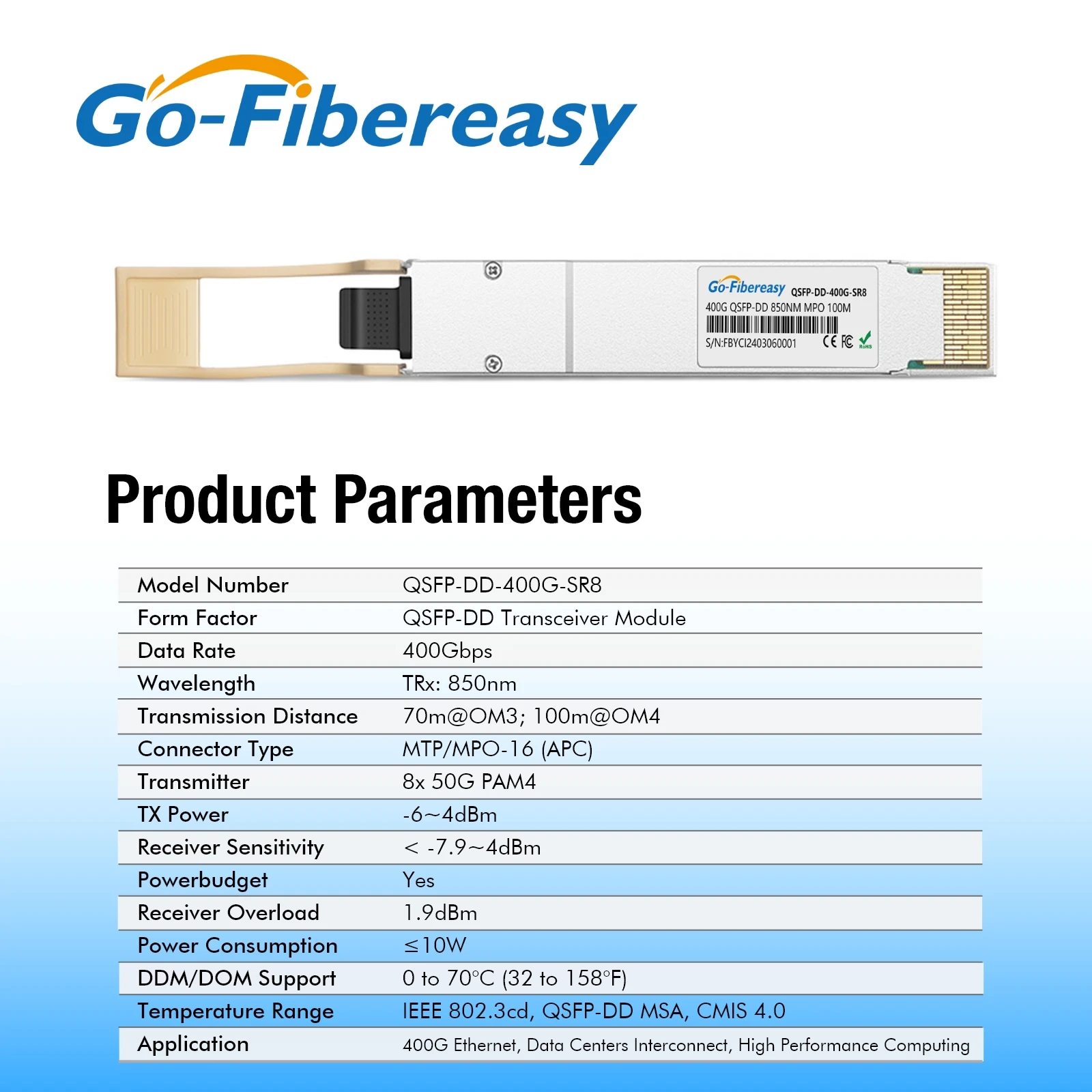 400Gb QSFP-DD Optical Module 400GBASE-SR8 PAM4 MMF 850nm 100m MPO-16/APC Transceiver Module For Cisco,Juniper,Mellanox Switch