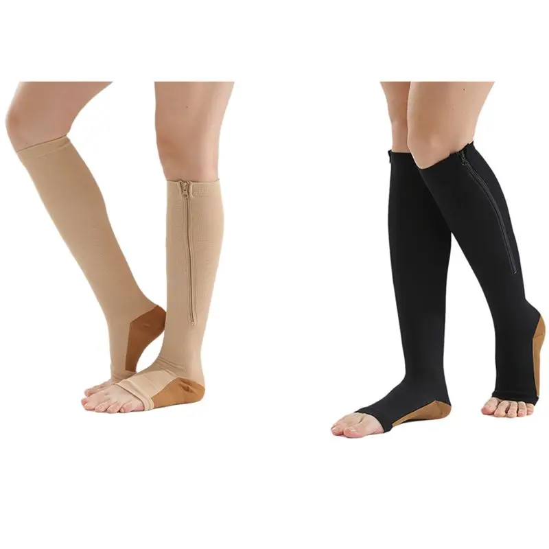 2 paia di calze a compressione in nylon con cerniera, calze a compressione, gamba, supporto per ginocchio, punta aperta, prevenzione (colore/nero) XXL-Y44A