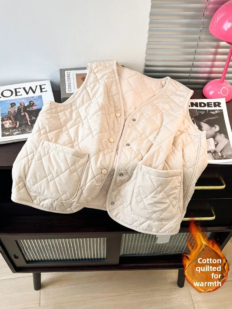 

Легкий пуховый хлопковый жилет Thiened, женский зимний винтажный жилет с v-образным вырезом на пуговицах 2024, однотонный топ для поездок на работу