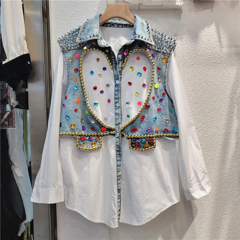 Heavy Craft Heart Beaded Denim Vest Fake Two-Piece Shirt for Women, New Style Loose Slimming Mid-Length Street Blouse