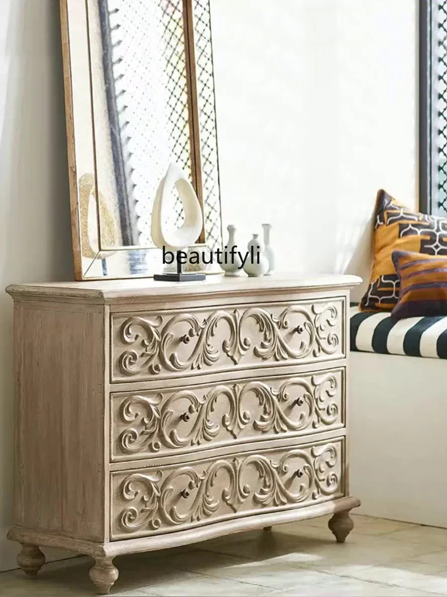 

K185 Wood Carved Three-Bucket Cabinet French Vintage Drawer Locker Bedroom Living Room Wall Storage Bedside Table