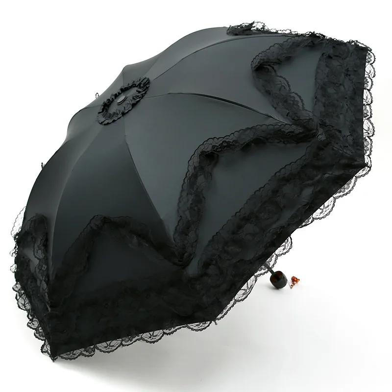 Four-layer lace edge umbrella, starry sky sun protection, three-fold student women's dual-use sun and rain umbrella