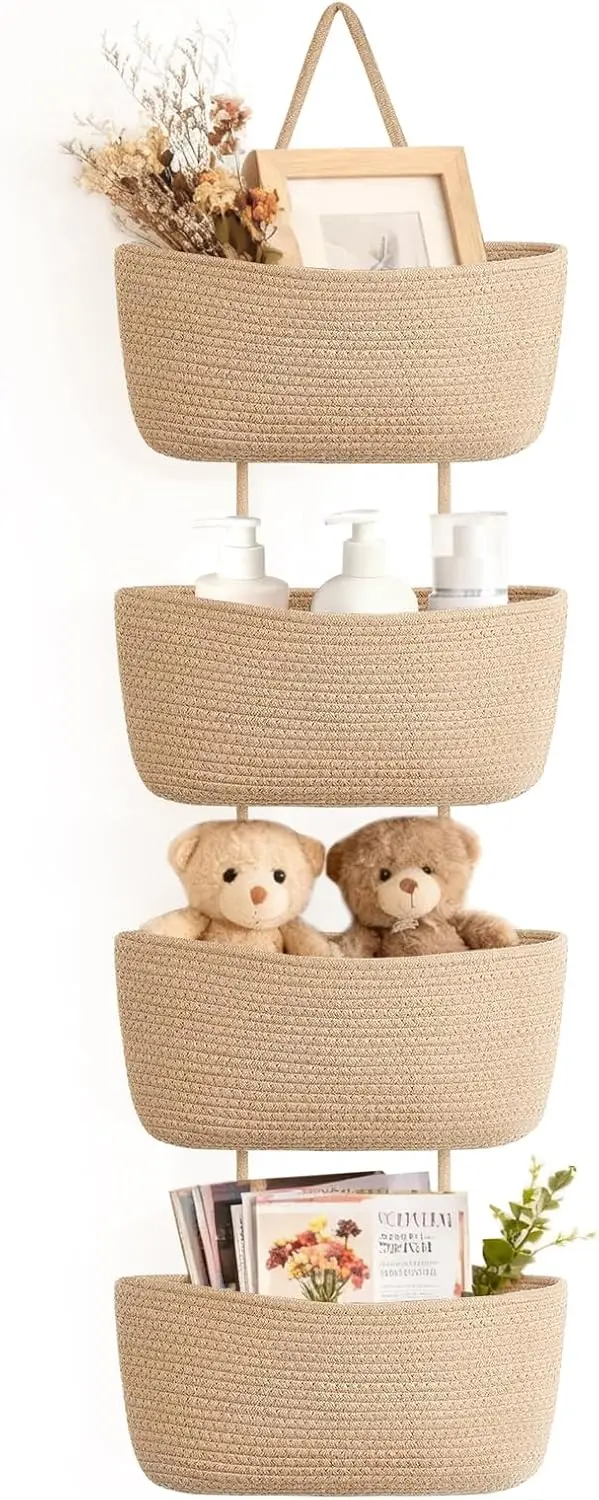 

Over The Door Hanging Basket 4-Tier Woven Boho Wall Mounted Storage Organizer with Hooks for Bedroom Nursery Bathroom Ap