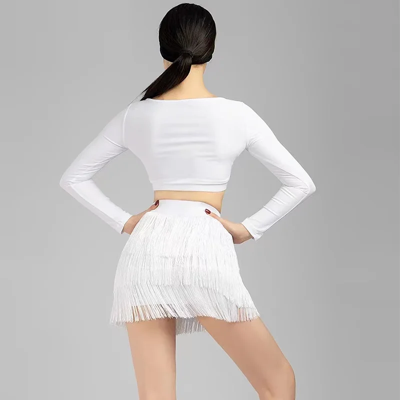 Falda de baile latino profesional para adultos, cintura superelástica, borla con calzoncillos, faldas de rendimiento de Flamenco, negro y blanco, venta al por mayor