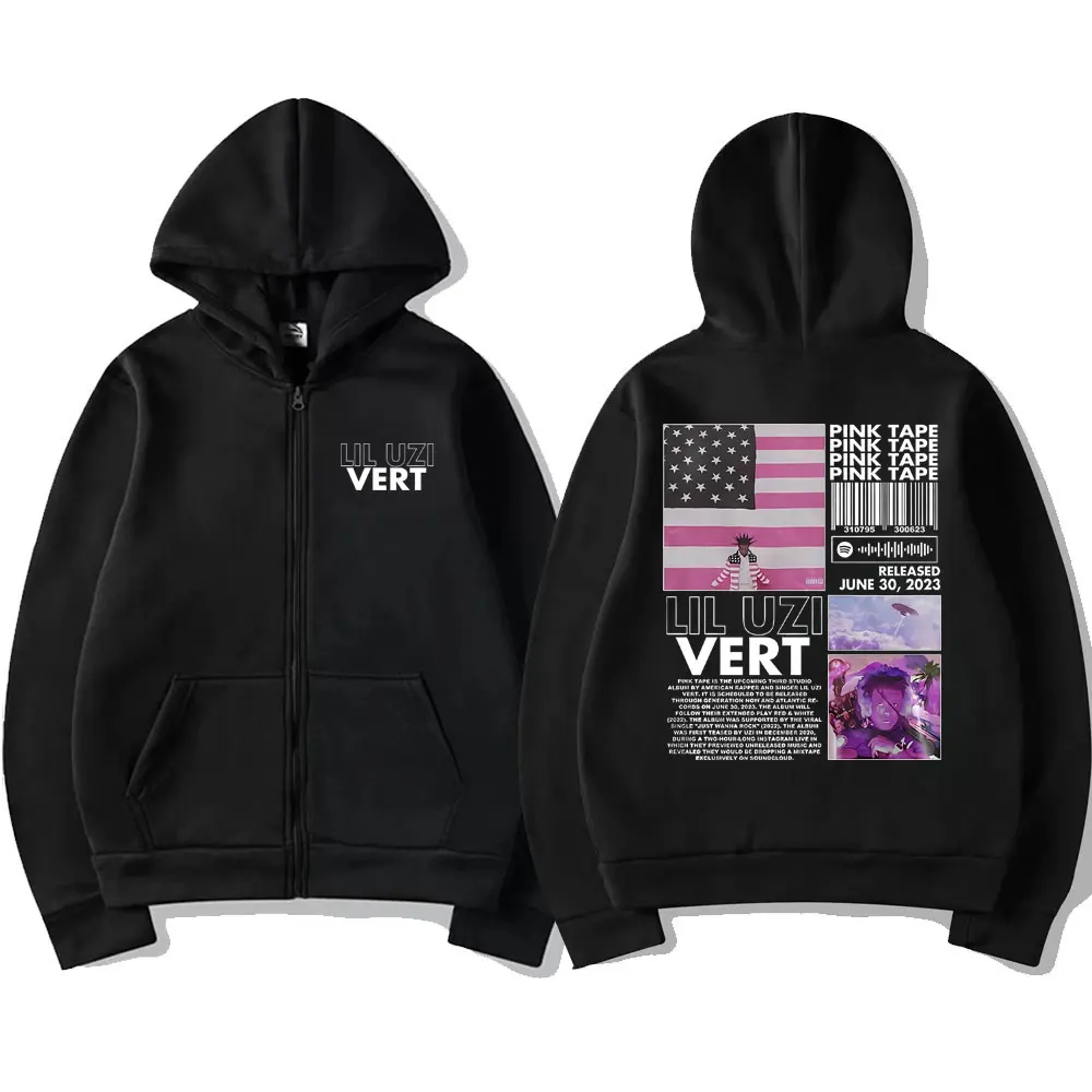 Rapper Lil Uzi Vert Pink Tape Zipper Hoodie Hip Hop Streetwear Unisex Casual Zip Up Jacket Men Fashion Oversized Zip Up Hoodies