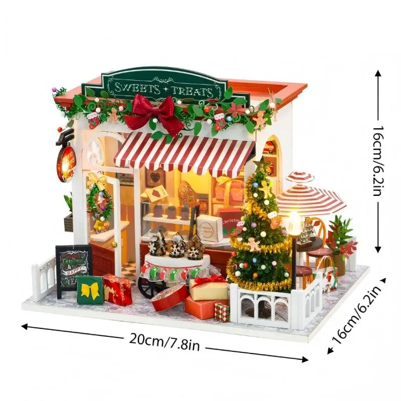 Christmas Dollhouse DIY Miniature Kit with Furniture Xmas Village Wooden Model House Holiday Gift for Teens Adults