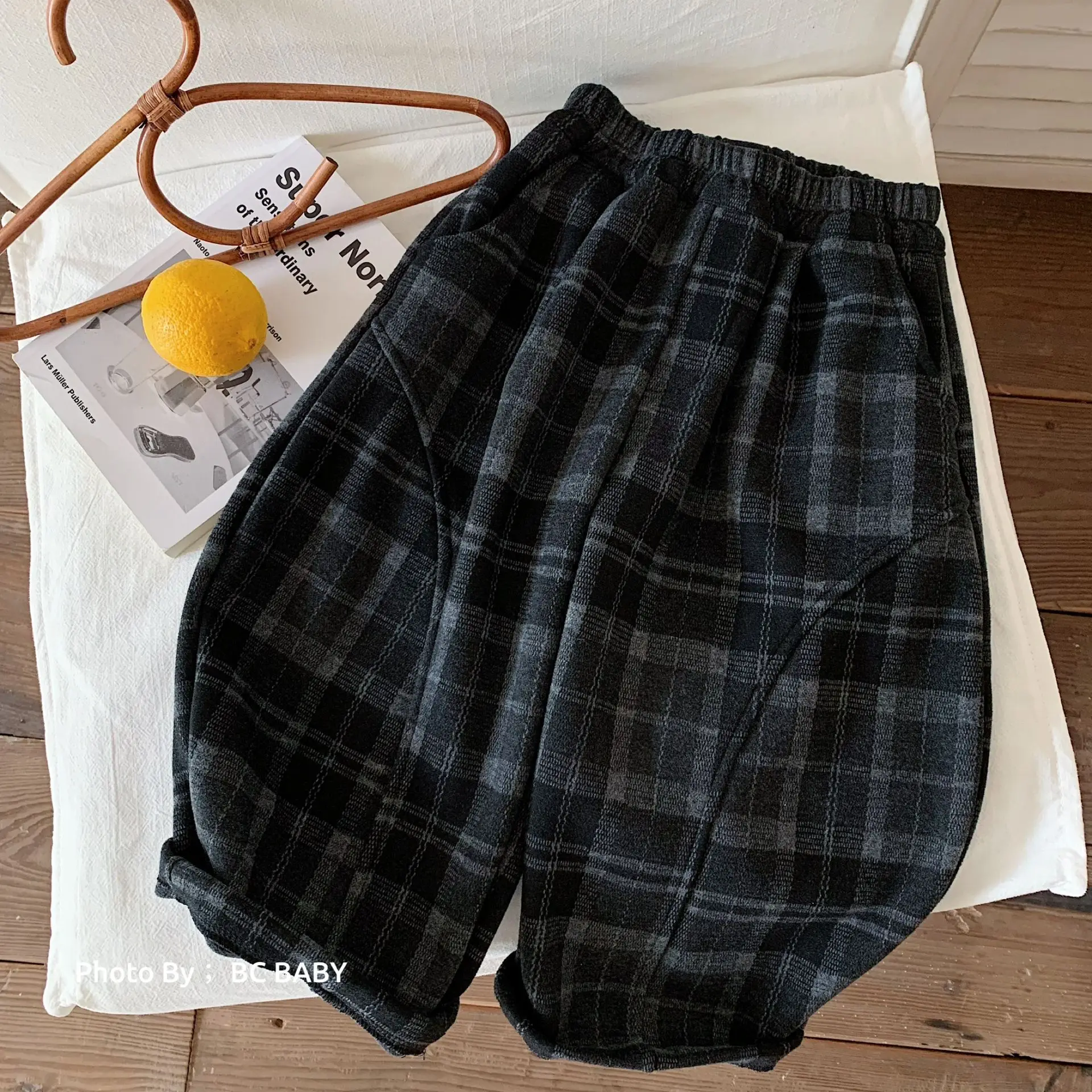 Trousers Winter New Child Checkered Flannel Casual Pants Primary and Secondary Children Loose Pants Thick Warm