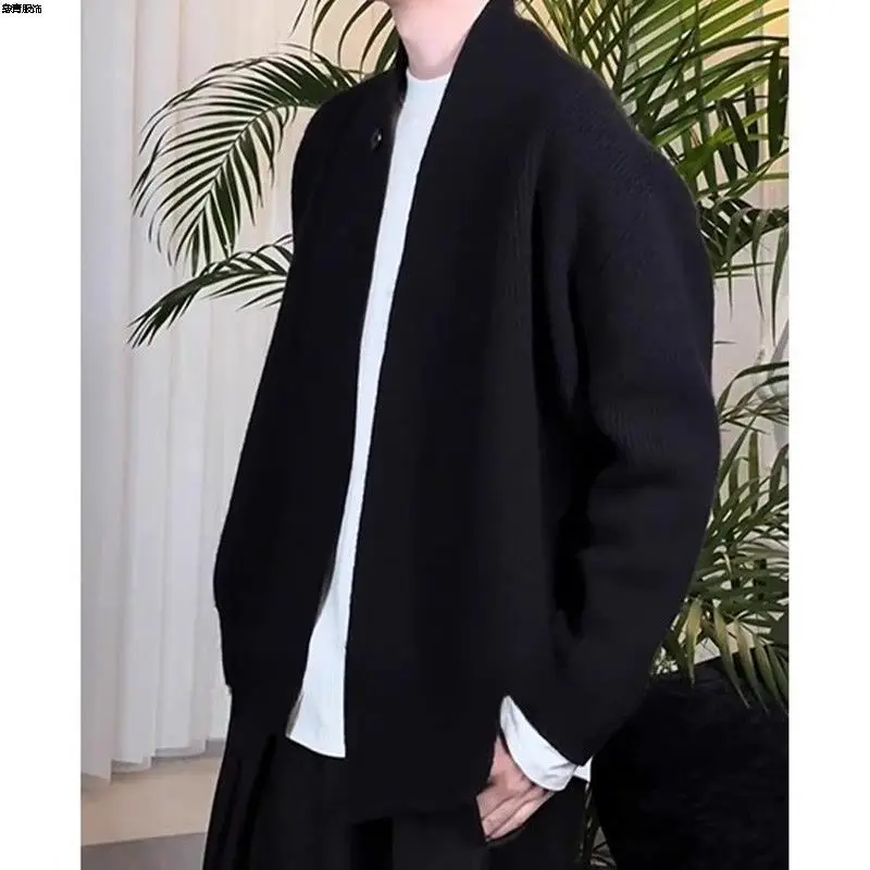 Cardigan Taoist Robe Sweater Men's Autumn Winter Style Loose Relaxed Flower Gray Sweater Jacket
