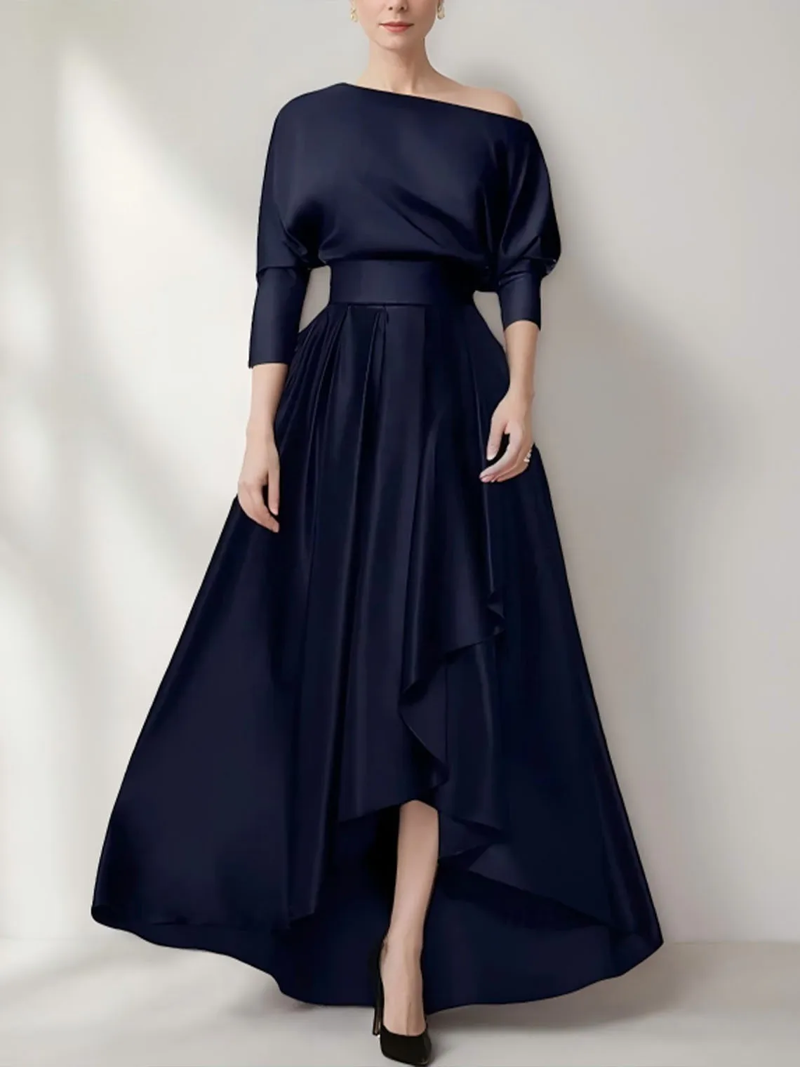 

Elegant Long Sleeve One Shoulder Satin Asymmetrical A-Line Wedding Guest Dress with Slit and Ruffles 2025 free customized