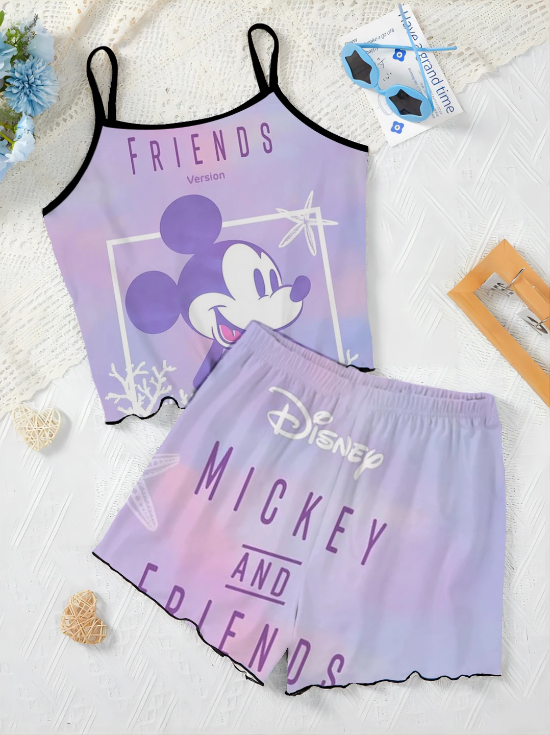 Women's Suit T-shirt Short Sets Minnie Mouse Slip Dress Mickey Top Lettuce Trim Disney Pajama Skirt Pieces Elegant Disney Mickey