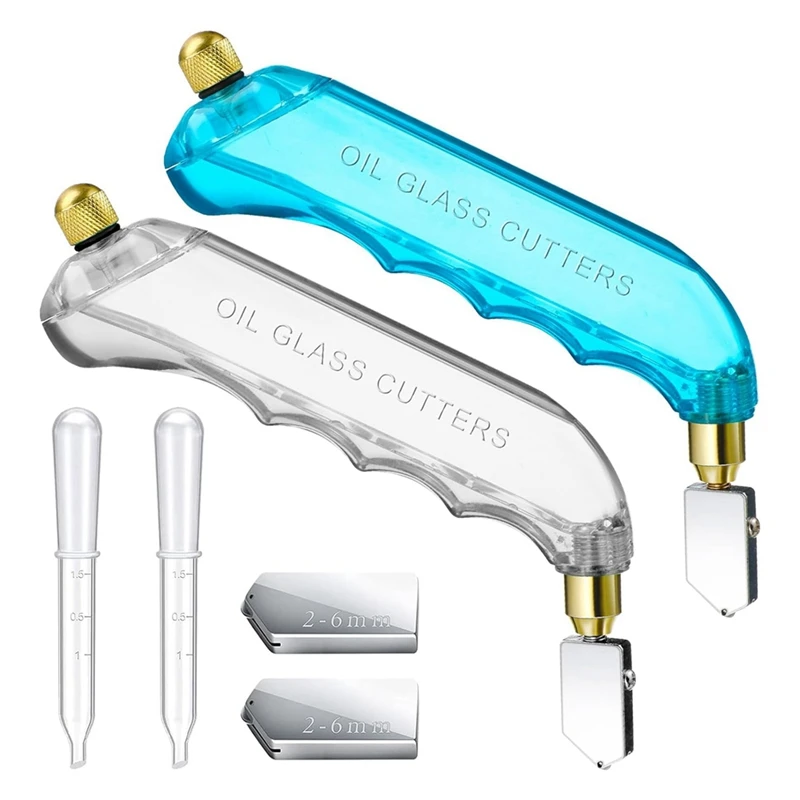 Pistol Grip Oil Feed Glass Cutter Stained Glass Supplies Cutters Tools And 2-6Mm Replaceable Heads (Blue, White)