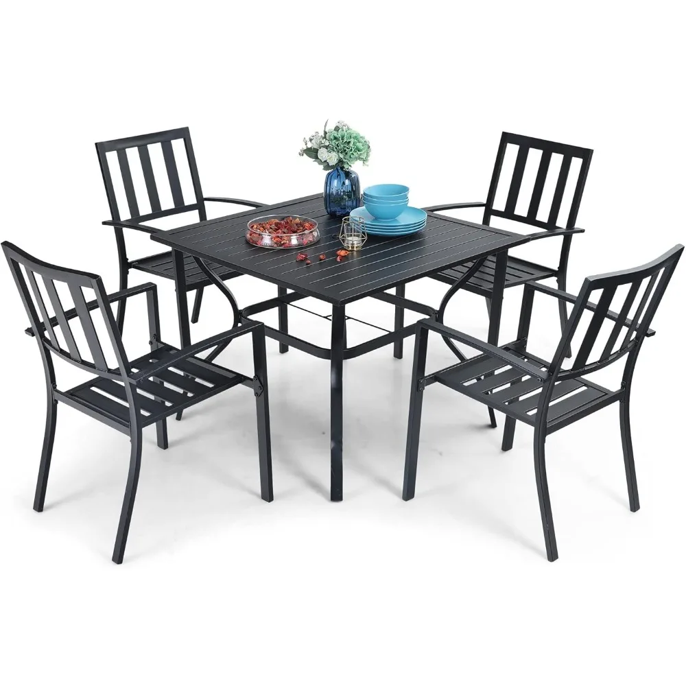 5 Piece Outdoor Dining Table Set ,37” Square Metal Dining Table with Umbrella Hole& Stackable Steel Chairs,Garden Furniture Sets