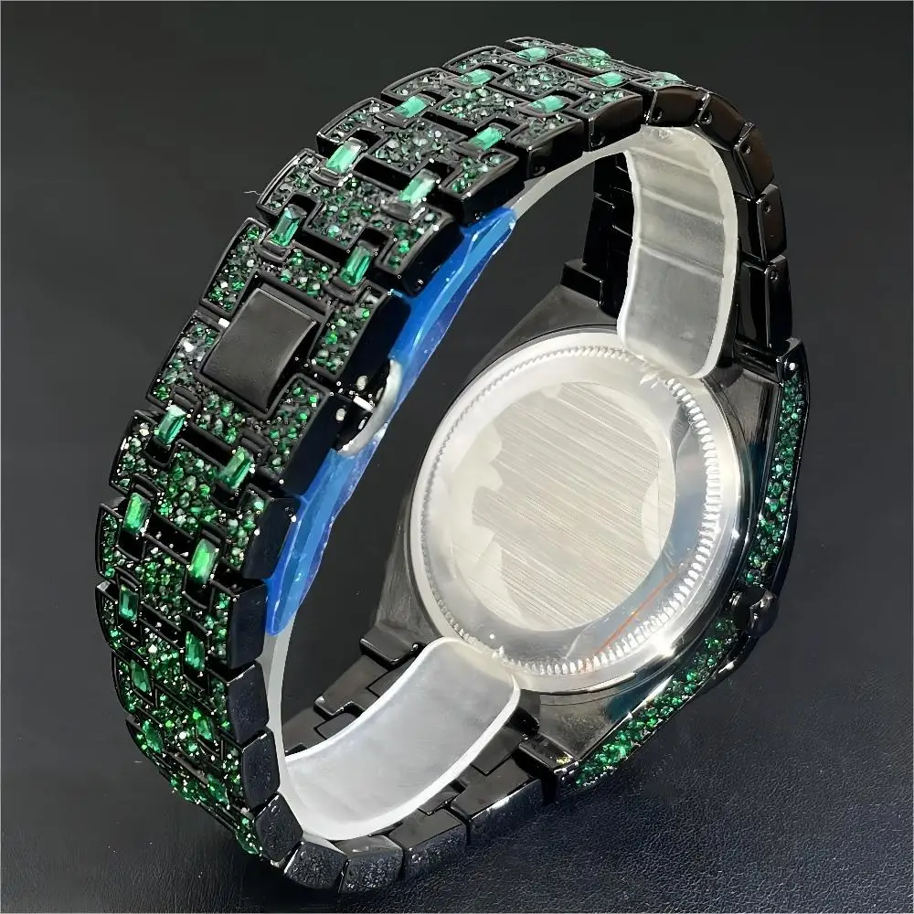 MISSFOX-Reloj de pulsera de acero inoxidable para hombre, cronógrafo de lujo con diamantes cuadrados, estilo Hip Hop, color verde, AAA, novedad de