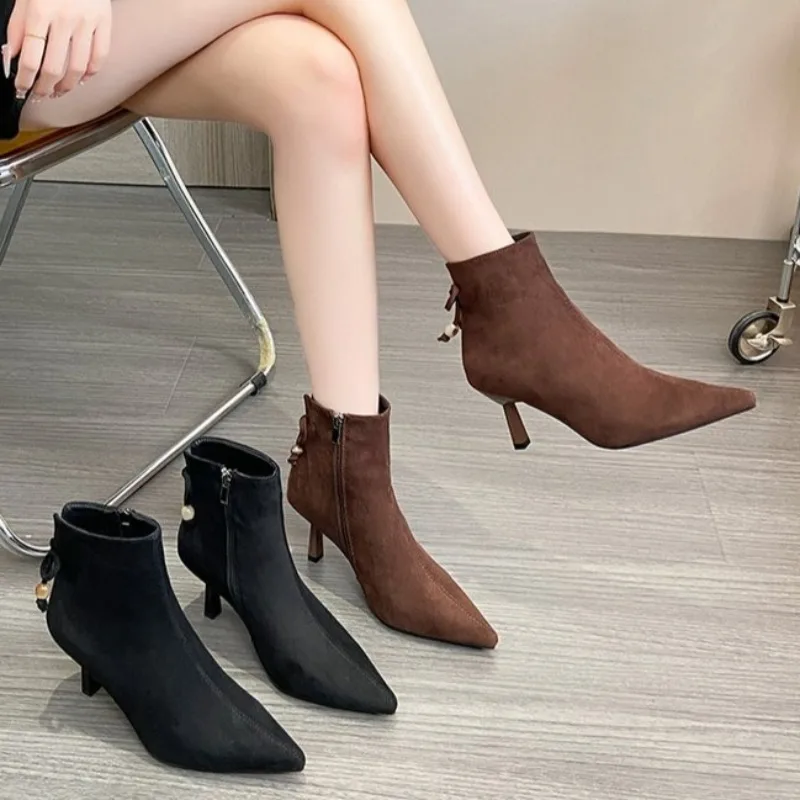 

2025 Fall/Winter New Skinny Heel Booties Pointed Toe Side Zipper Non-slip High Heel Tassel Booties