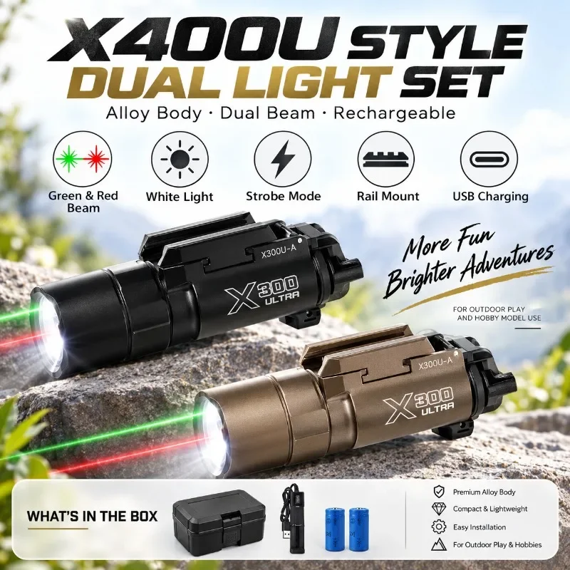 X400U Style Alloy Dual Light Set with Green & Red Beam, Strobe Mode, Rail Mount, USB Charging, Outdoor Play Toy Decoration Part