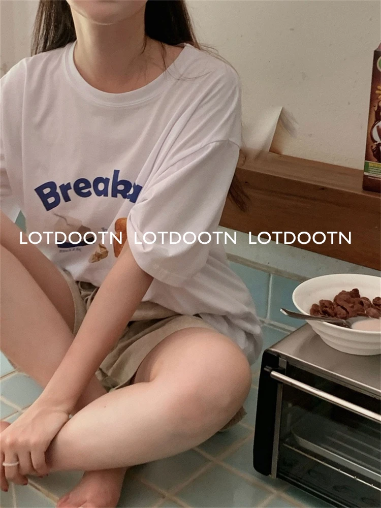LOTDOOTN-camisetas con estampado de desayuno para mujer, ropa de calle de manga corta con cuello redondo, Harajuku japonés, 100% algodón