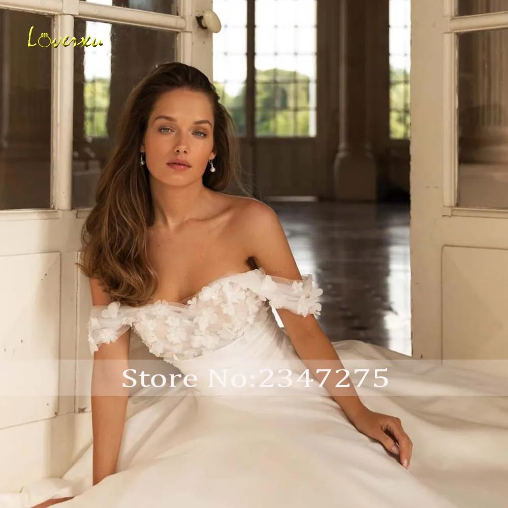 Loverxu A-Line Chic Abiti da sposa Sweetheart con spalle scoperte Vestido De Novia Fiori 3D Abito da sposa su misura in raso opaco