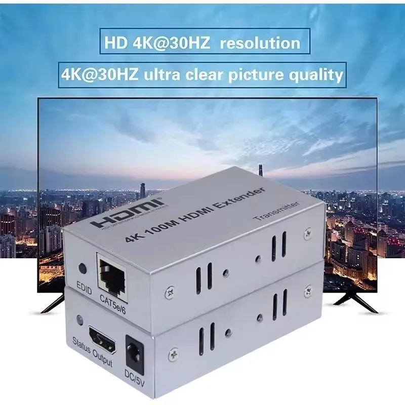 موسع HDMI 4K عبر Cat5e/6 كابل إيثرنت 100 متر HDMI إلى Rj45 تمديد جهاز إرسال صوتي للفيديو لتلفزيون الكمبيوتر المحمول PS4