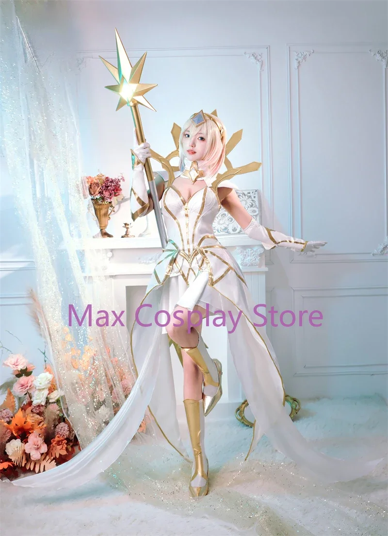 Max Cos Game Elementalist Lux Classic Cosplay Costume Game Lux Skin Women White Evening Dress Halloween Full Set