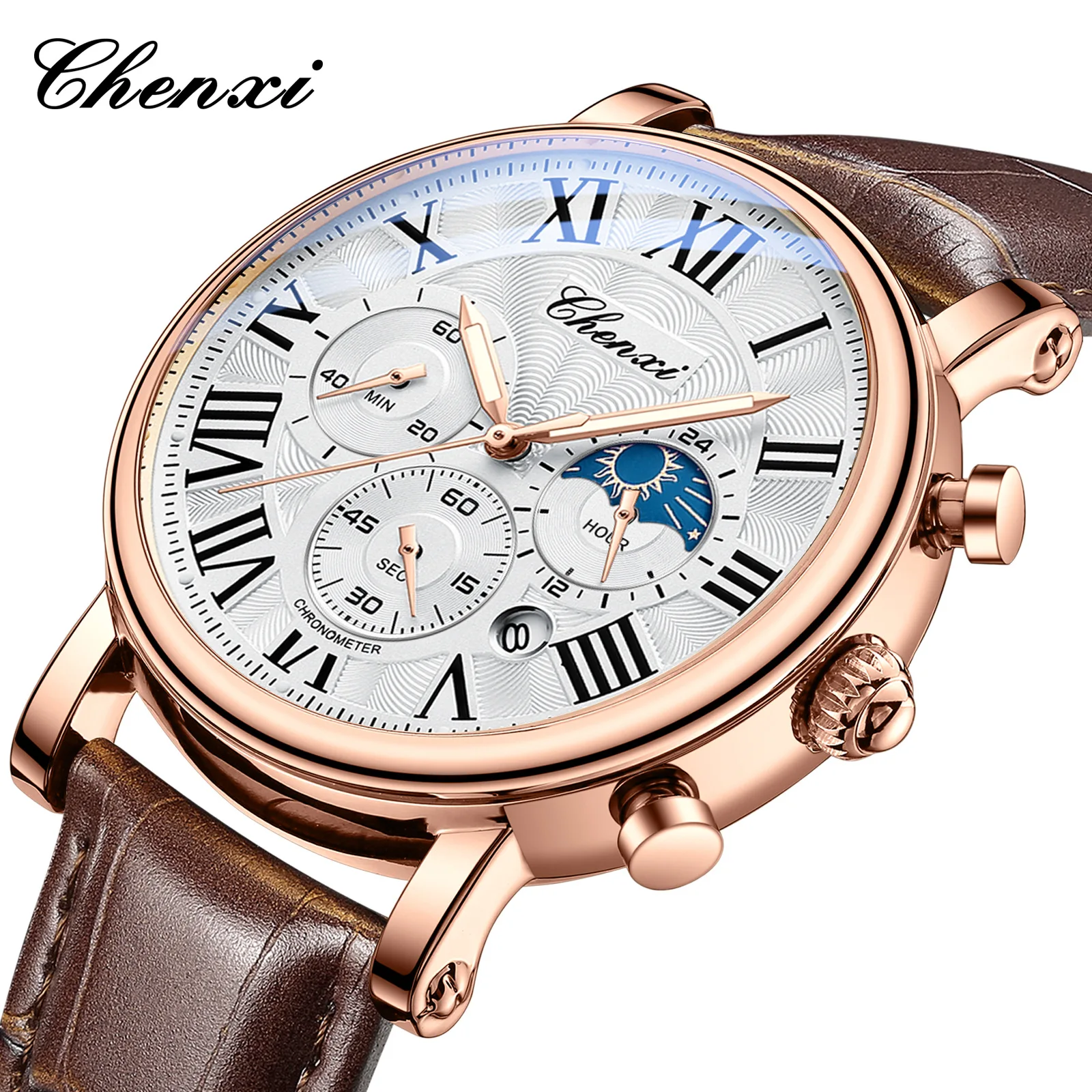 CHENXI 973 Men\'s Quartz Watch Fashion Business Moon Phase Date Multifunctional Chronograph Leather Strap Wristwatch for Male