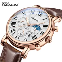 CHENXI 973 Reloj de cuarzo para hombre, moda de negocios, fase lunar, fecha, cronógrafo multifuncional, reloj de pulsera con correa de cuero