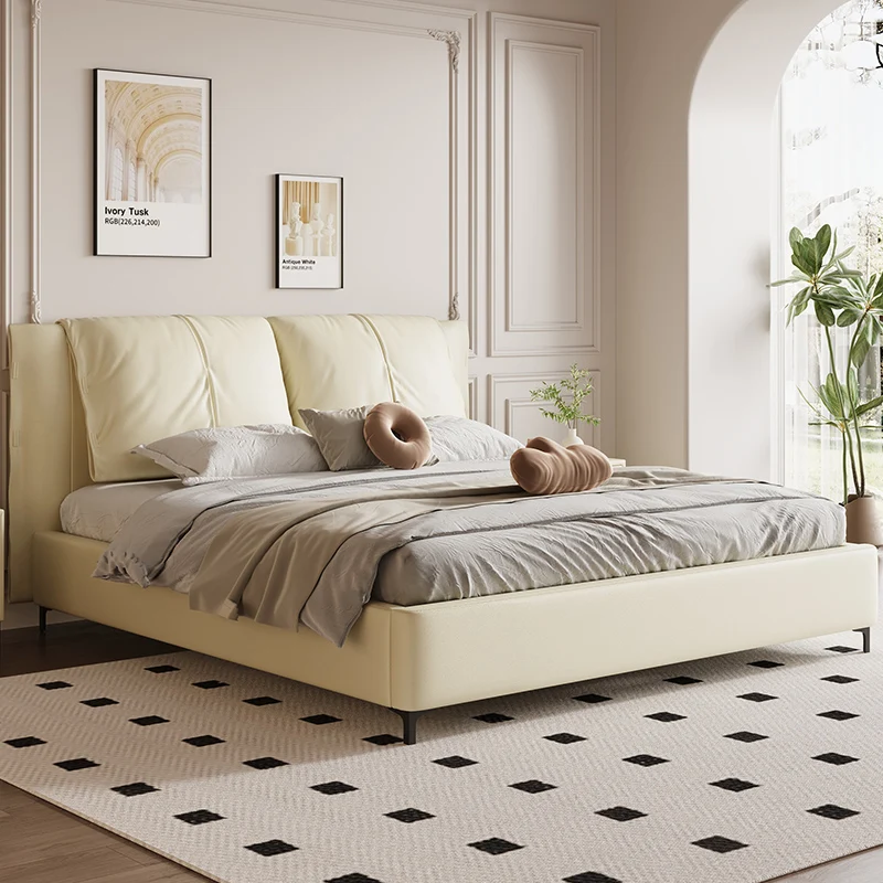 Master Bedroom Double Bed Solid Wood Bed 2 People Furniture Modern Minimalist Italian Gentle Style Nappa Leather Full Backrest