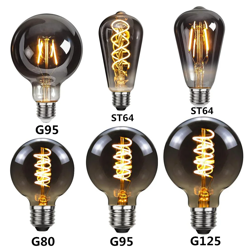 LED E27 ST64 G80 G95 G125 4W regulable 220V gris ahumado cálido bombilla de filamento GSpiral Retro Vintage iluminación decorativa lámpara Edison