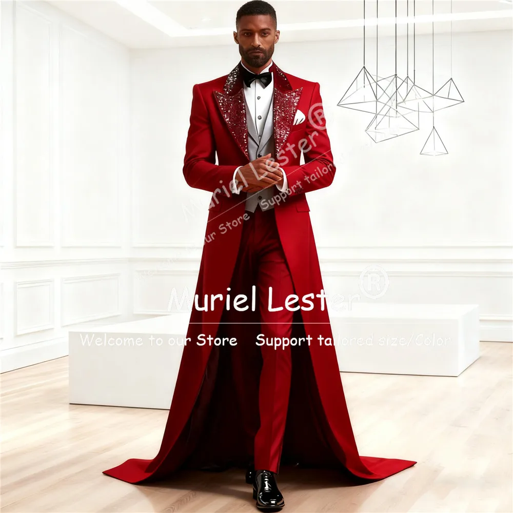 

Роскошный костюм для мужчин, блестящие блестки с лацканами, пиджаки для выпускного вечера, индивидуальные свадебные смокинги для жениха, 3-х шт., длинное пальто с итальянским дизайном