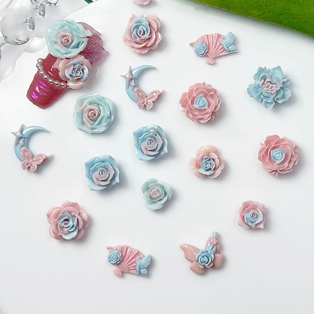 

20Pcs Dreamy Flower Butterfly Nail Art Charm 3D Resin Two Color Pink Blue Flower Nail Ornament DIY Exquisite Nail Accessories