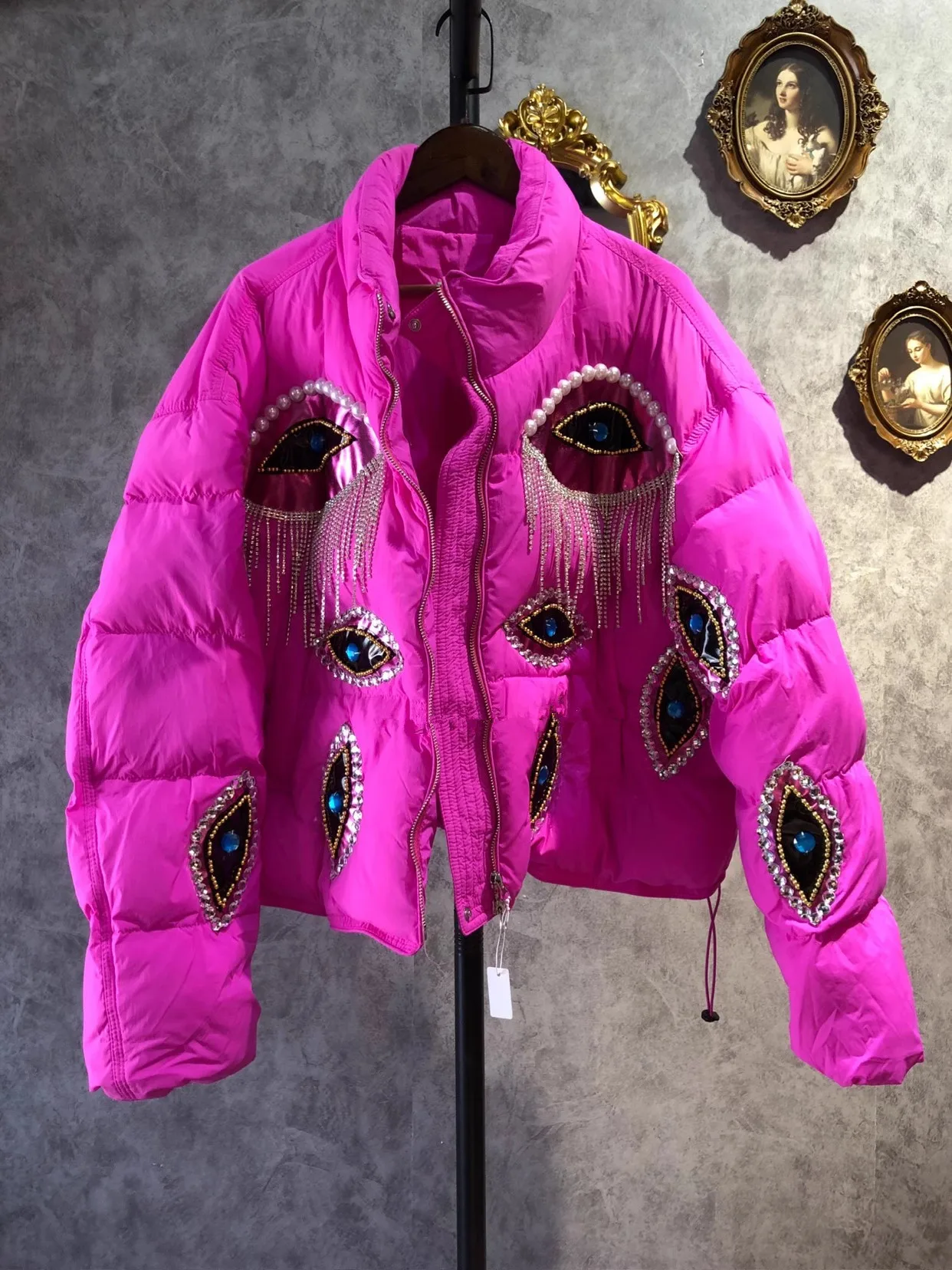 WHITNEY WANG Designer Style 2023 Autumn Winter Fashion Streetwear Crystals Beading Eyes Diamonds Down Coat Women Warm Outerwear