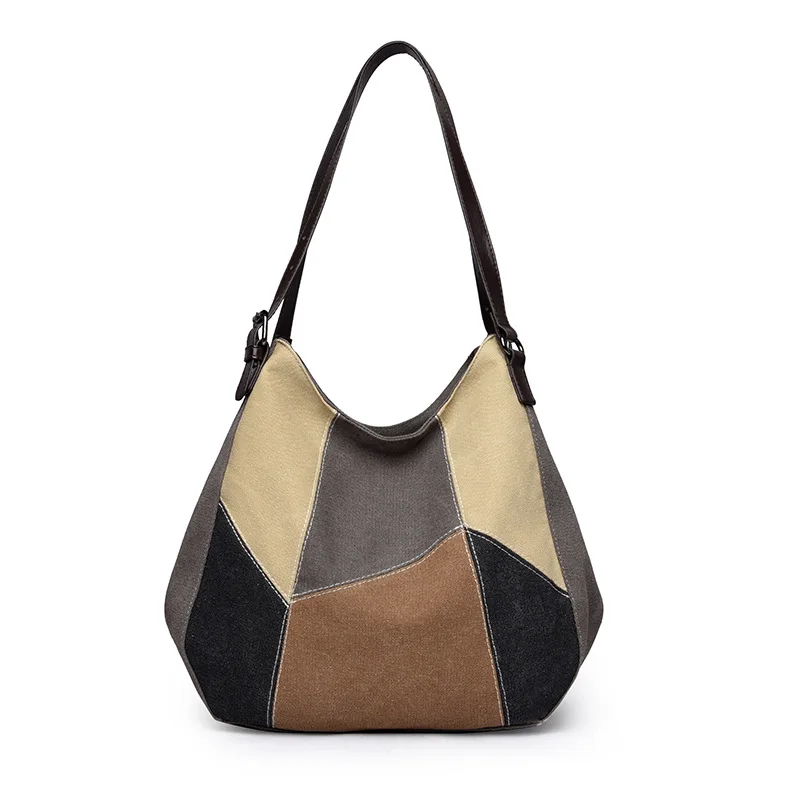 

Женская холщовая сумка большой вместимости 2025 года — новые сращенные контрастные цвета, литературная большая дорожная сумка через плечо через плечо