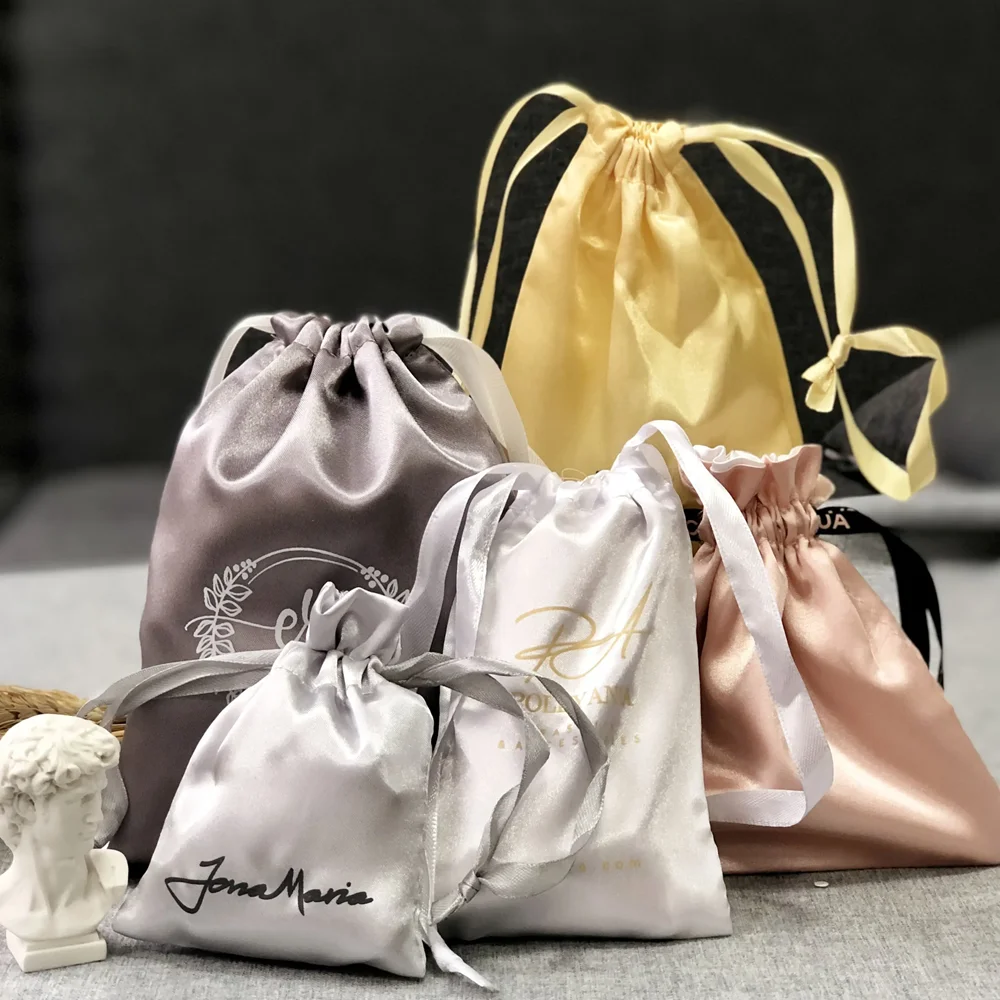 300pcs/Lot Wholesale Custom Logo Luxurious Jewelry Packaging Underwear Satin Dust Pouch Silk Drawstring Satin Bag for Wig Gifts