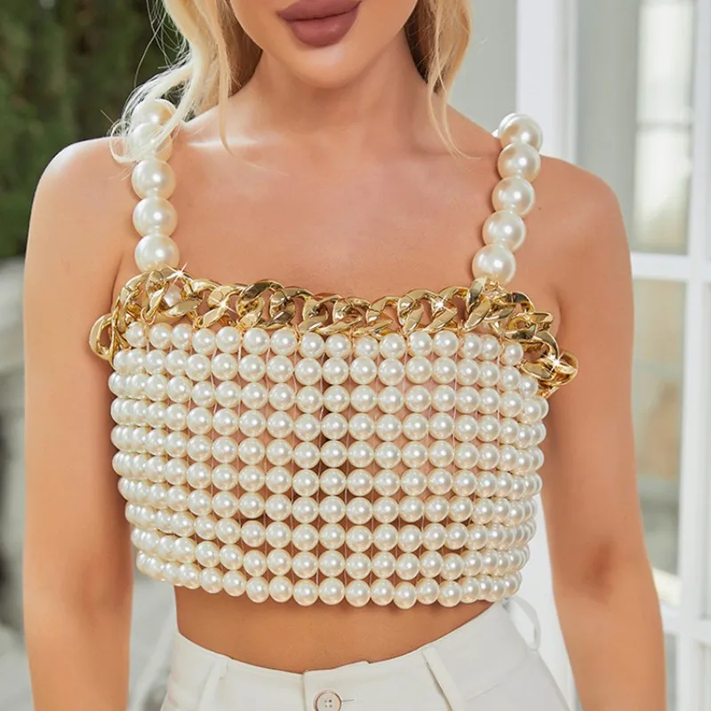 

Европейская и американская мода: полностью ручная работа, бисерная цепочка для бюстгальтера, жилет с крупными жемчужинами, роскошный аксессуар для вечеринок и подиумов, женский трендовый аксессуар.