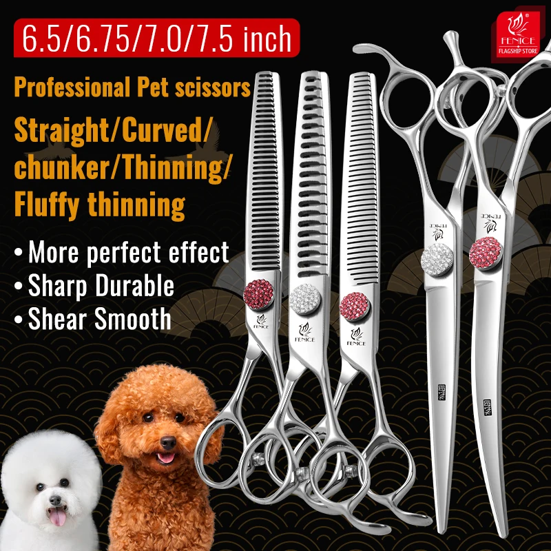 

Fenice Diamond Screw 6/6.75/7/7.5 Inch Pet Scissors Set Kit For Dog Grooming Straight&Thinner&Curved&Chunker Grooming Shears Set