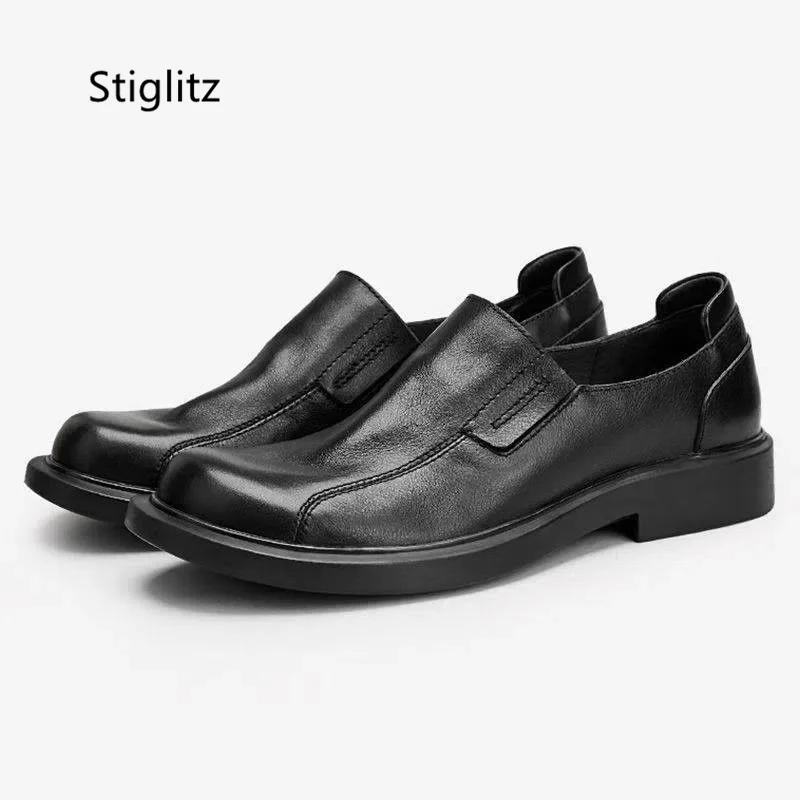 Black Genuine Leather Men\'s Shoes Loafers Lazy Soft Sole Casual Leather Shoes Slip On Round Toe Business Dress Male Shoes