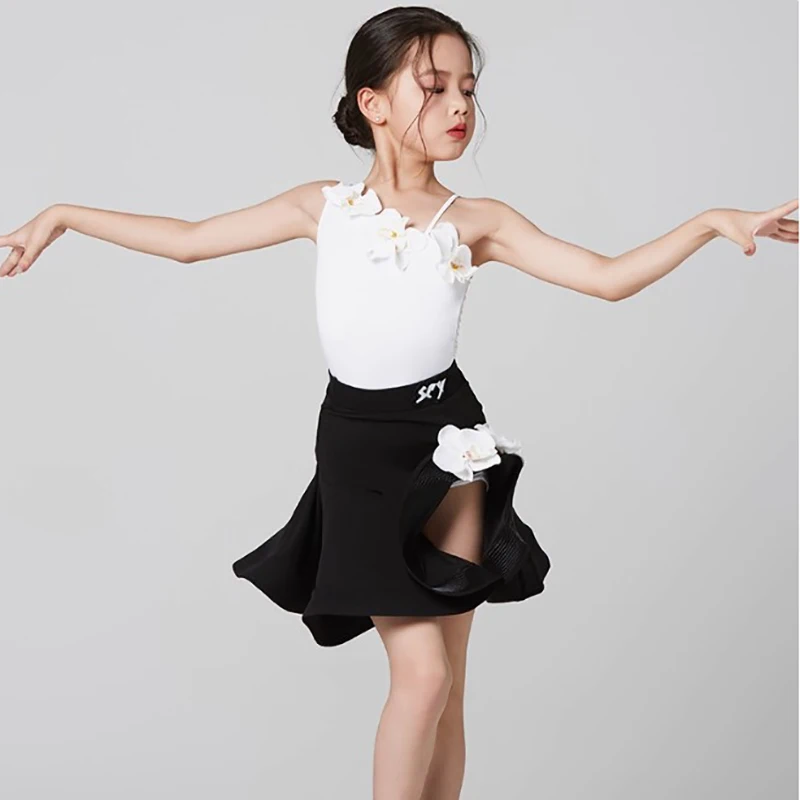 أطفال بنات واحد الكتف زهرة اللاتينية فستان رقص هيكل السمكة تنورة قاعة الرقص رومبا Dancewear التدريب تشاتشا أزياء مسرحية