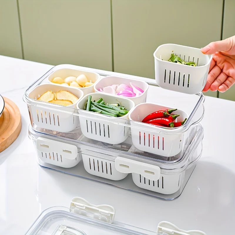 Multi-grid Fresh-keeping Box With Lid, Refrigerator Onion Ginger Garlic Container, Meat Freezer Storage Box, Food Grade Divided