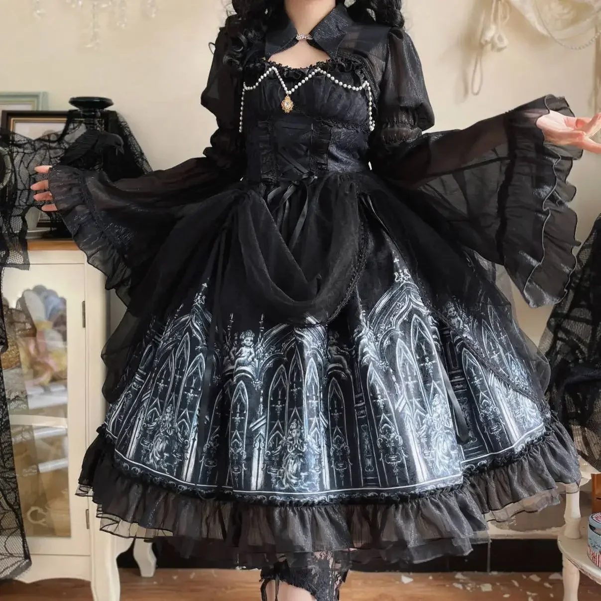 

MAGOGO Japanese Gothic Lolita Dress Women Victorian Printed Long Sleeve Mesh Dress With Shawl Harajuku Y2K Punk Tea Party Dress