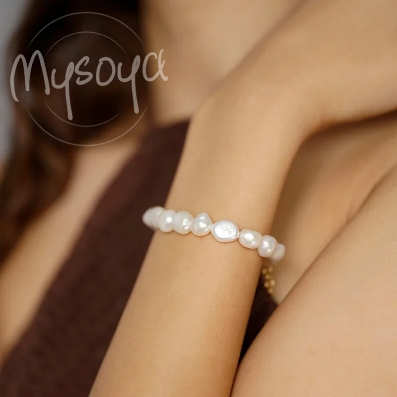 

MYSOYA 8-9mm Natural White Baroque Freshwater Pearl Bracelet For Women And Men With Gift Box Birthday Wedding Christmas Gift