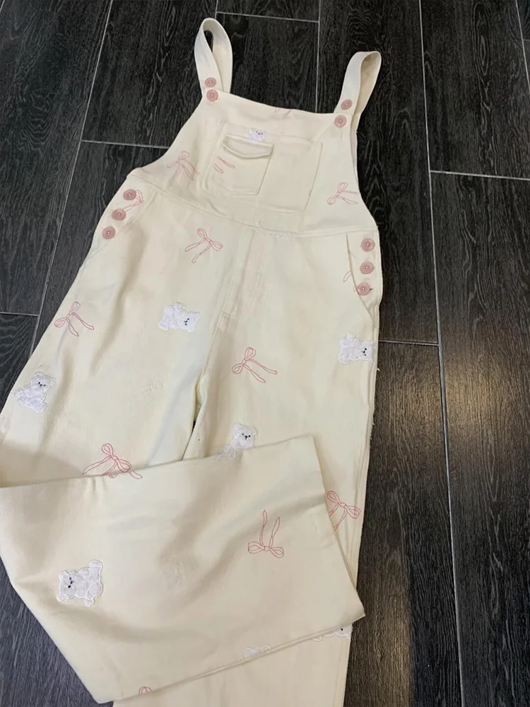 

Очаровательные джинсовые комбинезоны с вышивкой медведя, женские весенне-осенние широкие брюки свободного покроя, велосипедные брюки, джинсы с высокой талией