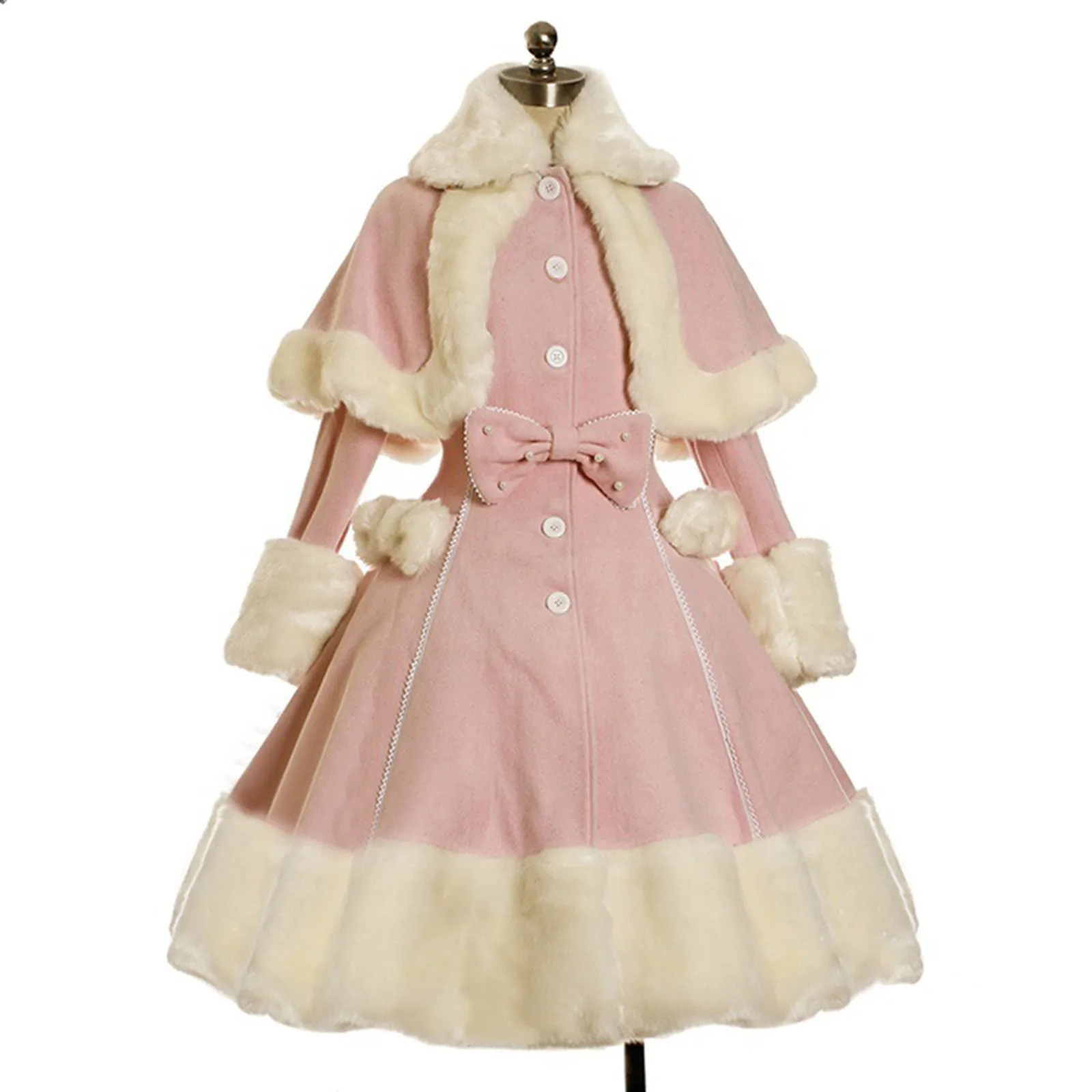 

Vintage Gothic Lolita Dress Suit Women Fur Collar Long Sleeves Shawl Cute Single-Breasted Winter Warm Thick Bow Dresses 2024