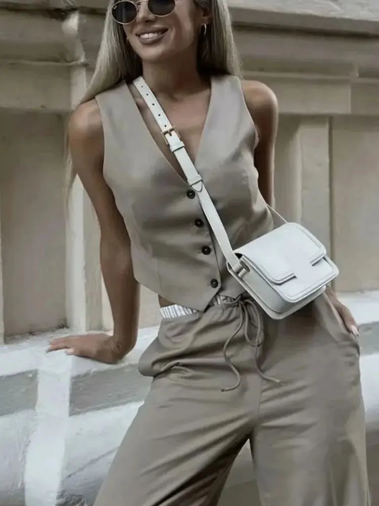 2024 Women\'s Solid Trousers Sets V Neck Commute Vest Top + Elastic Waist Drawstring Causal Female Wide Leg Pant Street