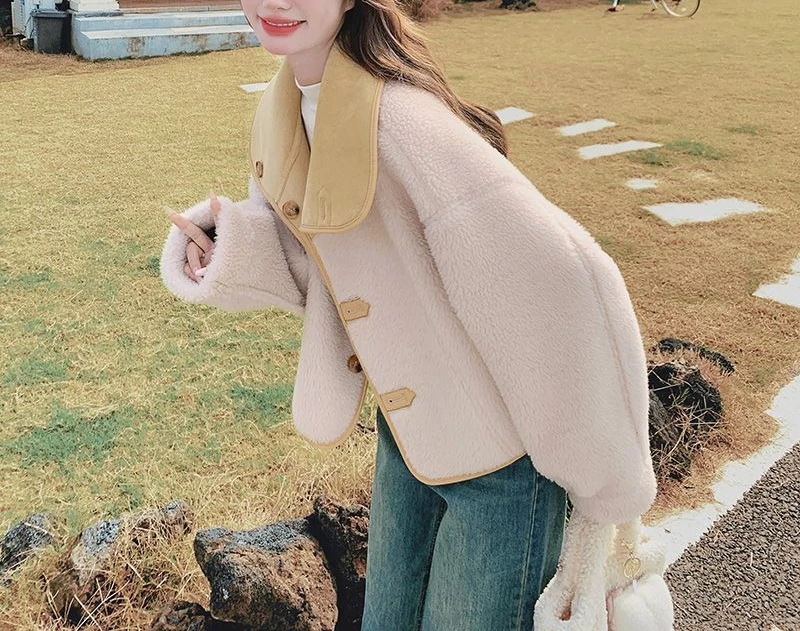 Two Sided Fur One-piece Short Jacket for Women's Autumn and Winter New Style  Age Reducing Lapel Small Lamb Wool Top